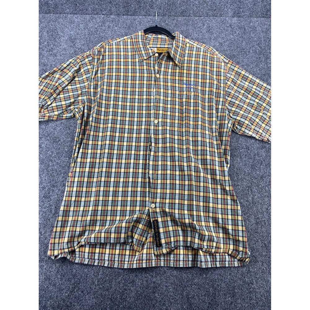 Pepe Jeans London Plaid Button Down Shirt Mens XL Yellow Green Short Sleeve